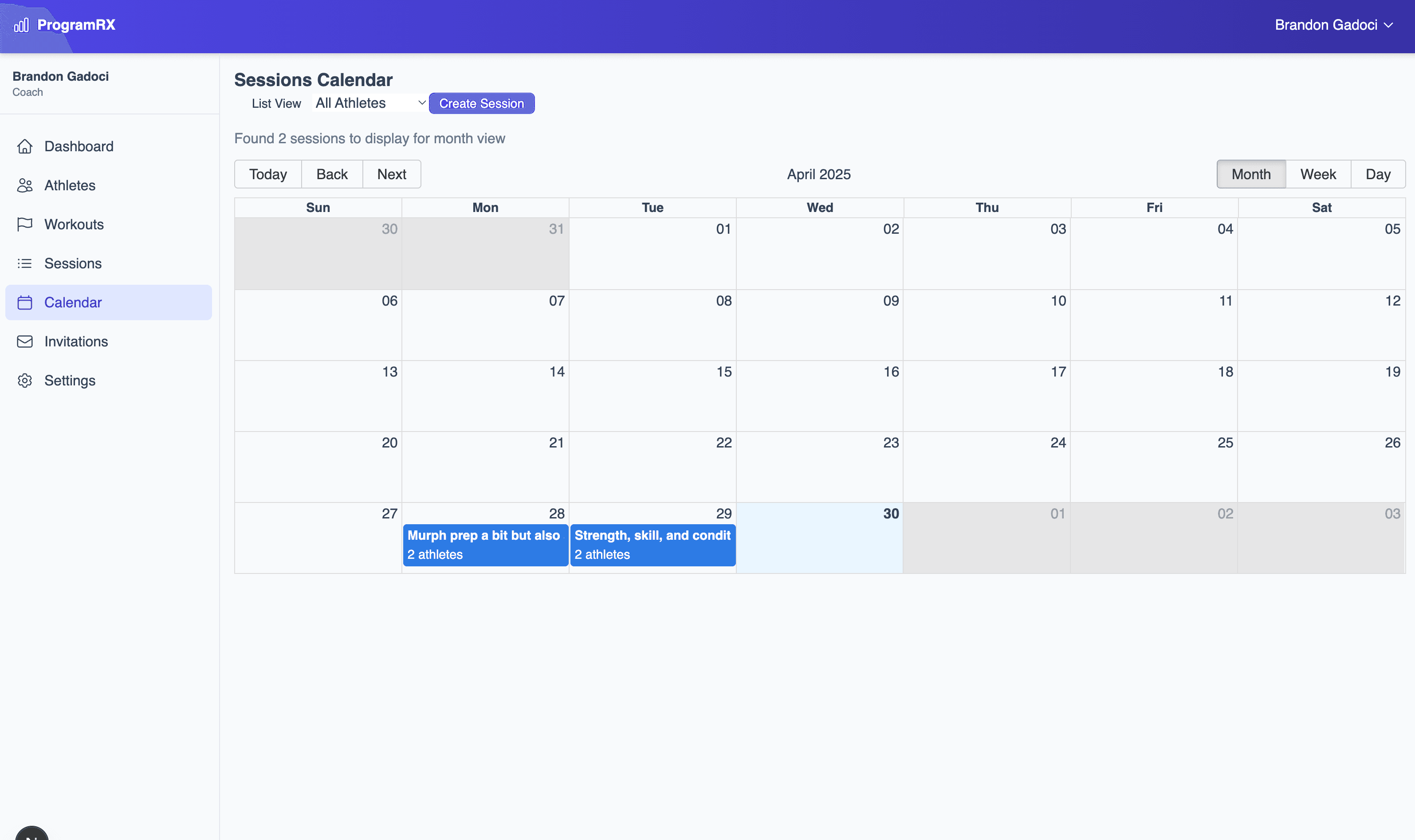 Athlete Session Calendar for Tracking CrossFit and Performance Training