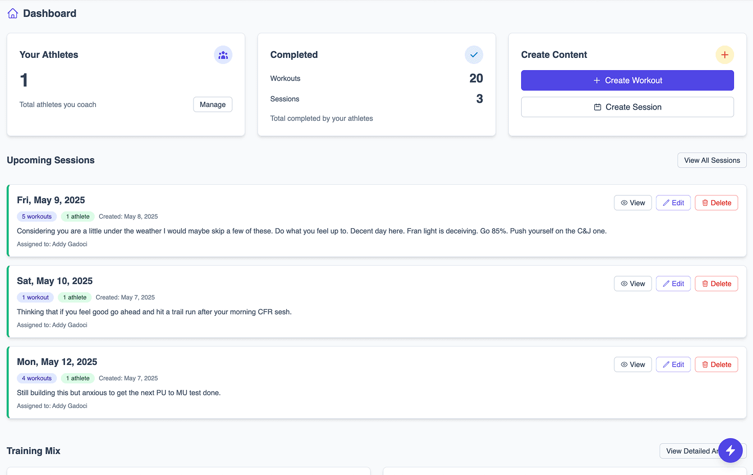 Sport Performance Coach Dashboard for Monitoring Athlete Progress and Programming