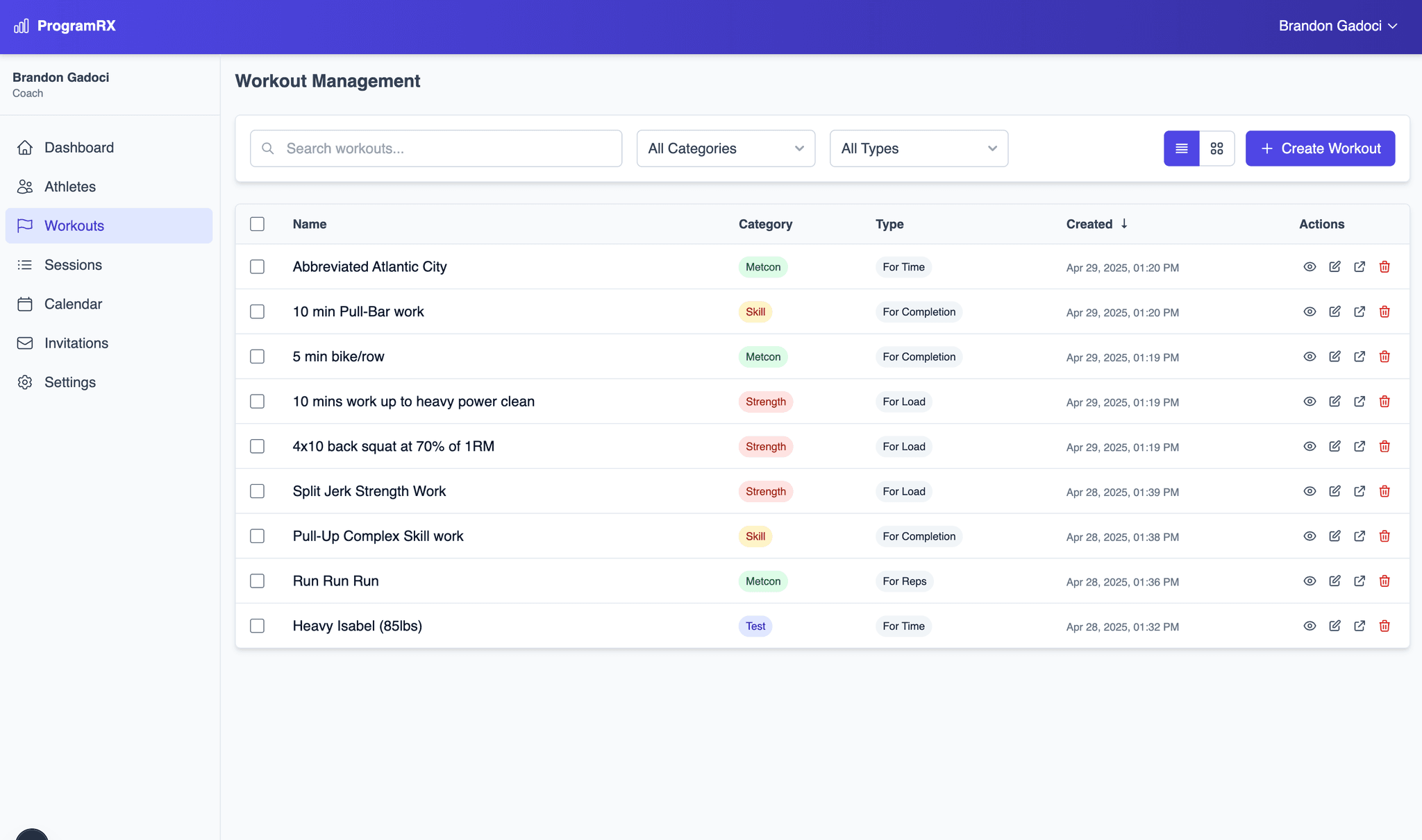 ProgramRX Workout Library Interface